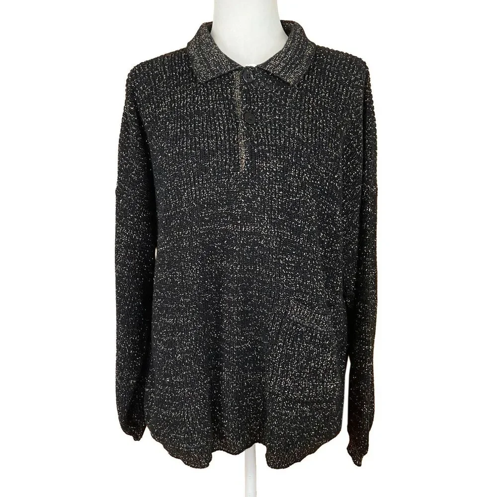 Vintage '80s Pierre Cardin Women's Sweater Size M Black Gold Metallic Pocket